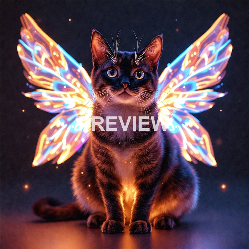 A black and orange tabby cat with glowing, colorful butterfly-like wings, sitting against a dark background, illuminated by vibrant lights.